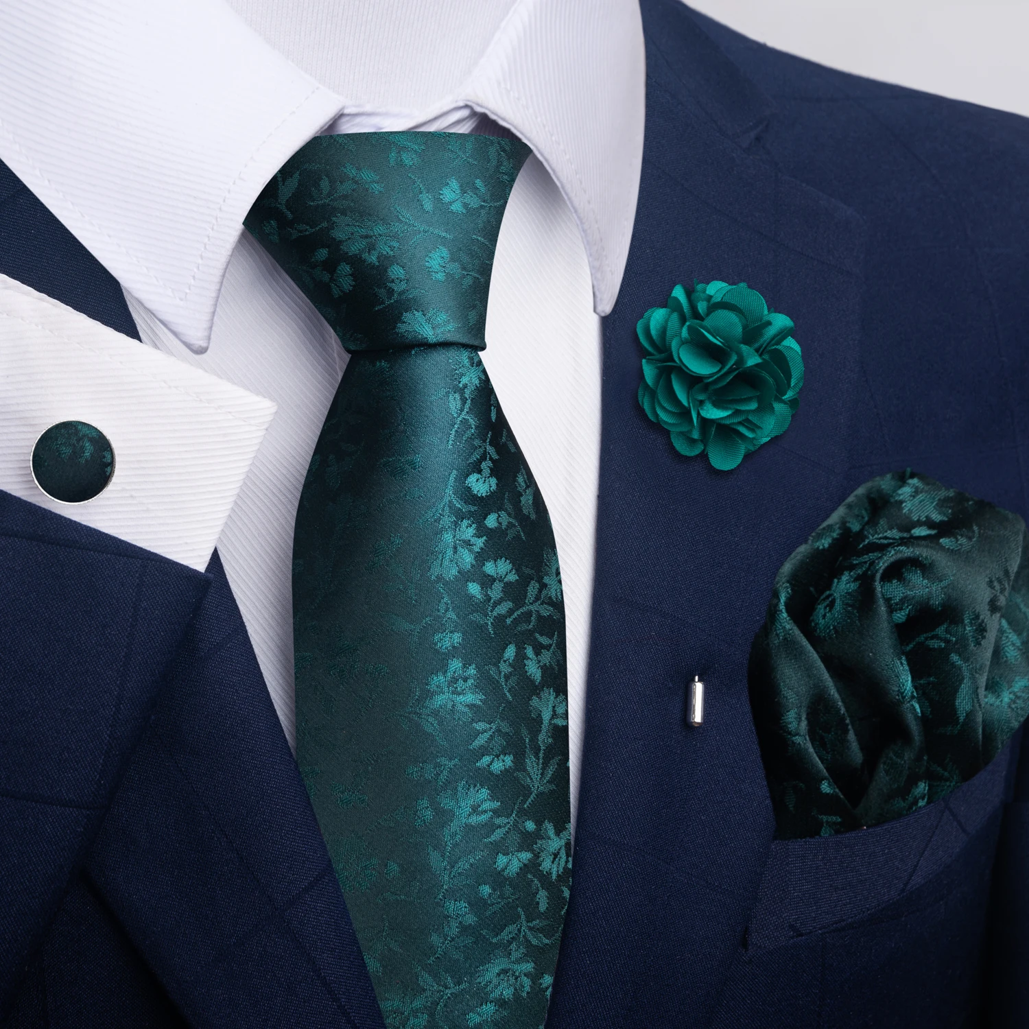 Pocket Square Set - Brand Fashion Luxurious Green Floral Necktie