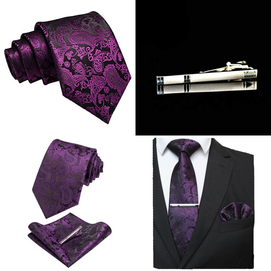 Pocket Square Set - Mens Solid Color Paisley Necktie and
