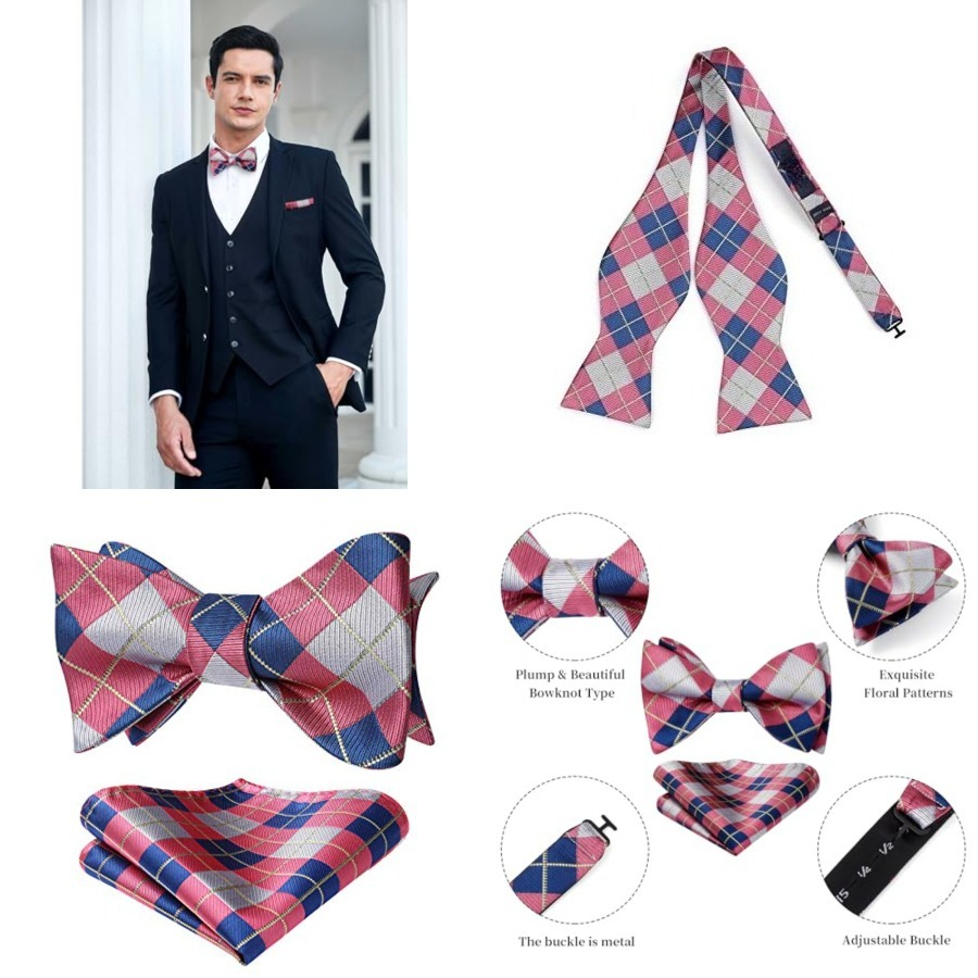 Bow Ties for Men Check Plaid S - مراجعة Pocket Square Set وسعره